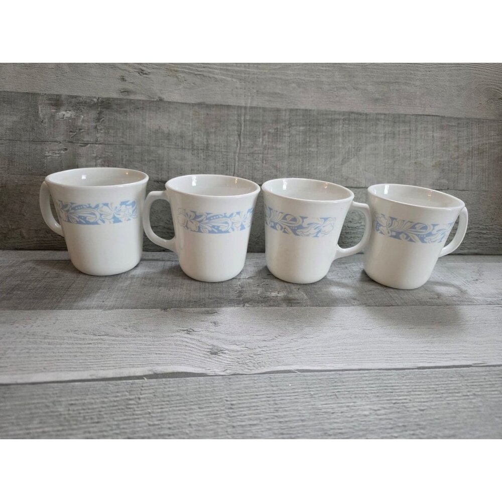 Set Of 4 Corning USA Mugs Blue Floral Band Pattern Microwave Safe White Ceramic